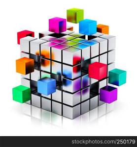 Creative abstract business teamwork, internet and communication concept: colorful cubic structure with assembling metallic cubes isolated on white background