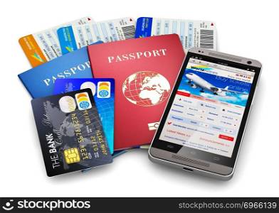 Creative abstract business travel and tourism concept: air tickets or boarding pass, passports, touchscreen smartphone with online airline tickets booking or reservation internet application and credit cards isolated on white background