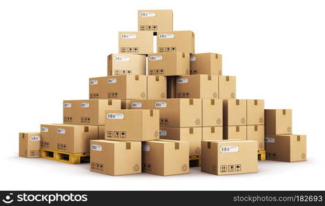 Creative abstract cargo, delivery and transportation logistics storage warehouse industry business concept: 3D render illustration of the group or pile of stacked corrugated cardboard boxes on wooden shipping pallets isolated on white background