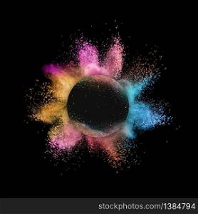 Creative abstract colorful powder explosion or burst in a round frame on a black background with copy space.. Rainbow powder splash in round frame on a black background.