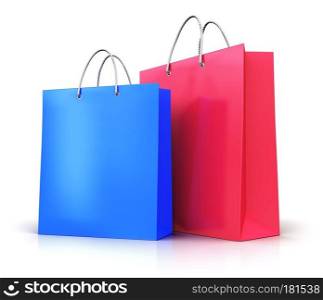 Creative abstract commercial business retail sale and online shopping concept: 3D render illustration of the group of color paper shopping bags isolated on white background with reflection effect