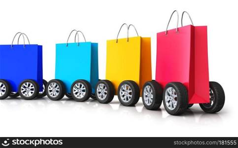 Creative abstract commercial business retail sale and online shopping discount offer and free shipping and delivery concept: 3D render illustration of train from the group of color paper shopping bags with car wheels isolated on white background with reflection effect