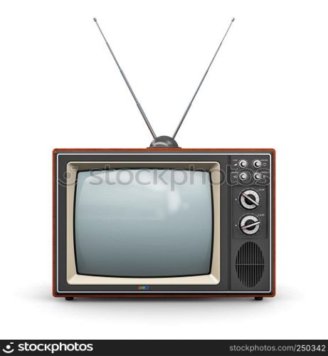 Creative abstract communication media and television business concept: old retro color wooden home TV receiver set with antenna isolated on white background