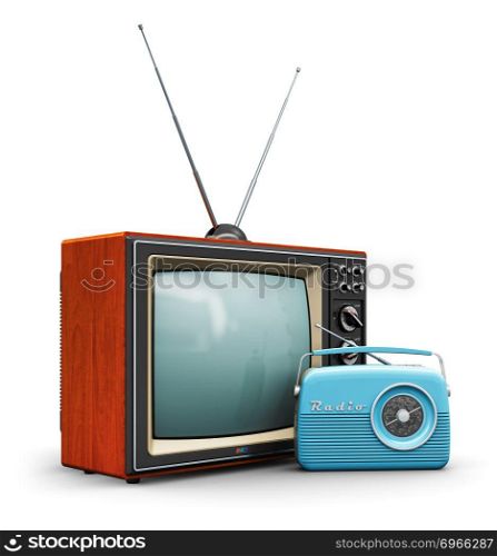 Creative abstract communication media and vintage television business concept: old retro color wooden home TV receiver set with antenna and blue plastic analog radio receiver isolated on white background