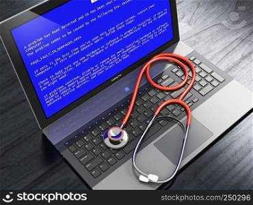 Creative abstract computer antivirus protection technology and repair maintenance service business concept: modern laptop or notebook computer PC with blue screen with critical error message and stethoscope on black wooden business office table