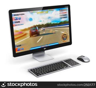 Creative abstract computer gaming and entertainment technology concept: modern black gamer desktop PC or with video game isolated on white background
