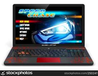 Creative abstract computer gaming and PC entertainment technology concept: 3D render illustration of modern black gamer laptop or notebook with auto car racing sport video game isolated on white background