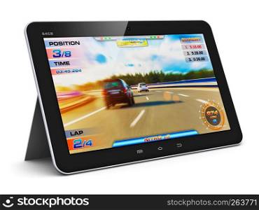 Creative abstract computer gaming and PC entertainment technology concept: modern black glossy touchscreen tablet with video game isolated on white background