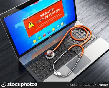 Creative abstract computer PC internet network safety technology and web security system business communication concept: 3D render illustration of modern black glossy metal office laptop or notebook with virus alert attack warning message on screen display and medical stethoscope on black wooden table