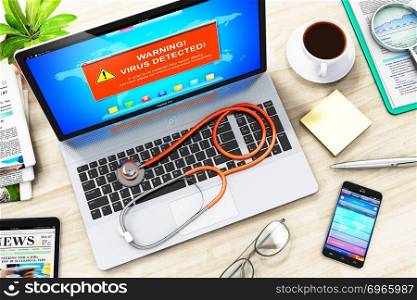 Creative abstract computer PC internet network safety technology and web security system business communication concept  3D render illustration of modern black glossy metal office laptop or notebook with virus alert attack warning message on screen display and medical stethoscope, smartphone or mobile phone, tablet, coffee cup and other objects on wooden table