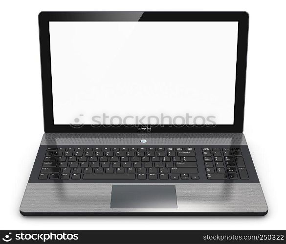 Creative abstract computer technology and internet web communication concept: 3D render illustration of modern metal office laptop PC or silver business notebook with empty blank screen isolated on white background with reflection effect