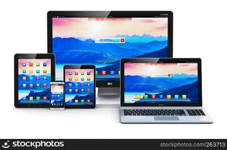 Creative abstract computer technology, mobility and communication business concept: laptop, notebook or netbook PC, mini tablet computer, touchscreen smartphone and desktop monitor display screen TV isolated on white background