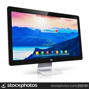 Creative abstract computer technology office business concept: modern TV display screen or monitor with colorful interface isolated on white background with reflection effect