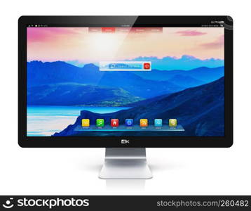 Creative abstract computer technology office business concept: modern TV display screen or monitor with colorful interface isolated on white background with reflection effect