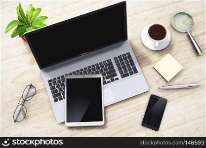 Creative abstract corporate communication and business work success development concept: 3D render illustration of laptop or notebook, tablet computer PC, modern black glossy touchscreen smartphone or mobile phone, eyeglasses, ballpoint pen, sticker note paper, flower, magnifying glass and cup or mug of fresh coffee on wooden office table