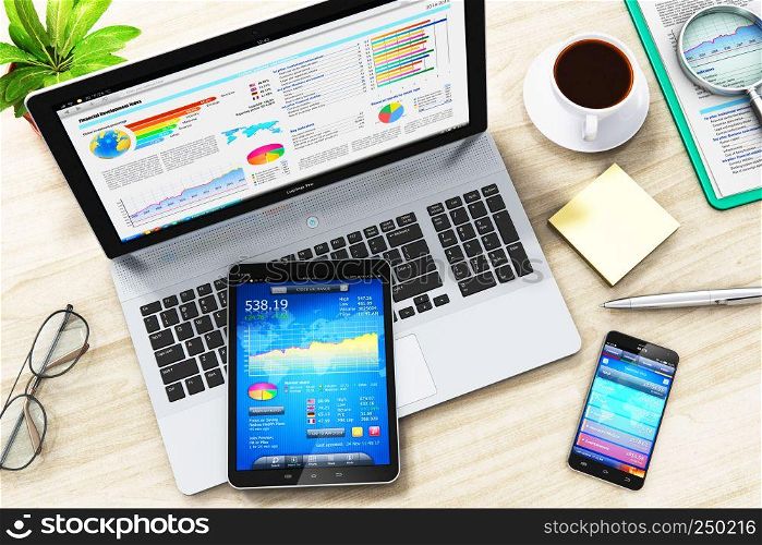 Creative abstract corporate communication and business work success development concept: 3D render illustration of laptop or notebook, tablet computer PC with stock market exchange internet web online application on display, modern black glossy touchscreen smartphone or mobile phone with financial accounting or banking app on screen, eyeglasses, ballpoint pen, sticker note paper and cup or mug of fresh coffee on wooden office table
