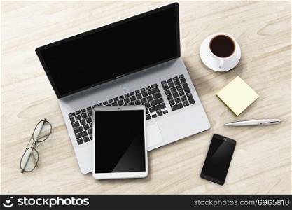 Creative abstract corporate communication and business work success development concept: 3D render illustration of laptop or notebook, tablet computer PC, modern black glossy touchscreen smartphone or mobile phone, eyeglasses, ballpoint pen, sticker note paper and cup or mug of fresh coffee on wooden office table