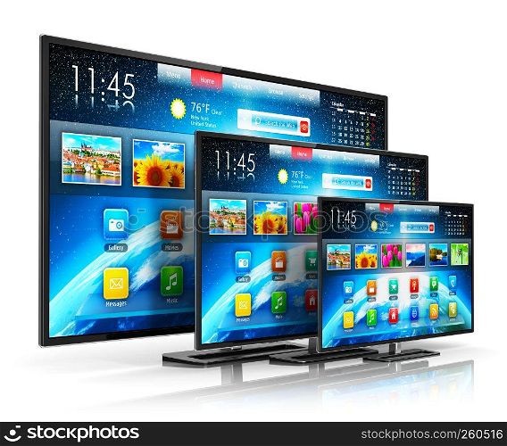 Creative abstract digital multimedia entertainment and media television broadcasting internet business concept: set of different size smart TV display screens with color web interface isolated on white background with reflection effect