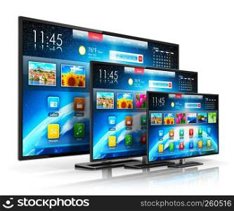 Creative abstract digital multimedia entertainment and media television broadcasting internet business concept: set of different size smart TV display screens with color web interface isolated on white background with reflection effect