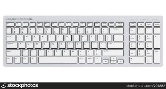 Creative abstract digital peripheral technology business concept: 3D render illustration of the white wireless computer PC keyboard isolated on white background