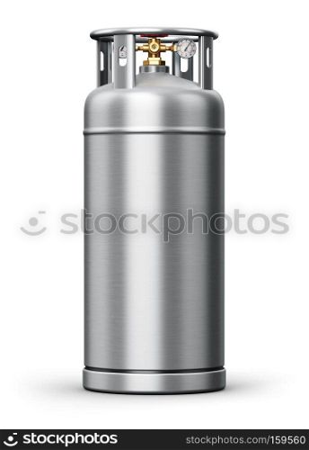 Creative abstract fuel industry manufacturing business concept  3D render illustration of metal stainless steel container or cylinder for liquefied compressed natural oxygen, nitrogen or other gas for scientific tests and industrial use with high pressure gauge meter and valve isolated on white background