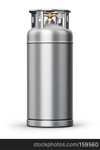 Creative abstract fuel industry manufacturing business concept: 3D render illustration of metal stainless steel container or cylinder for liquefied compressed natural oxygen, nitrogen or other gas for scientific tests and industrial use with high pressure gauge meter and valve isolated on white background