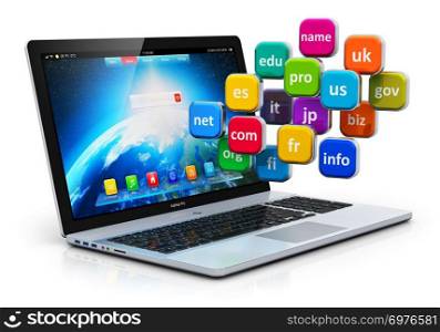 Creative abstract global internet communication PC technology and web telecommunication business computer concept: group of color icons with domain names and laptop or notebook isolated on white background with reflection effect