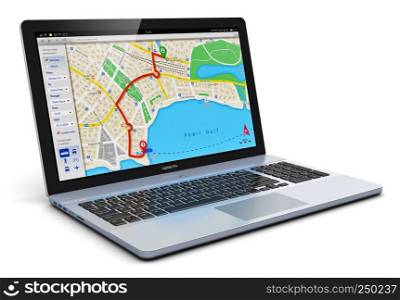 Creative abstract GPS satellite navigation, travel, tourism and location route planning business concept: modern black glossy laptop or notebook computer PC with wireless navigator map service internet application on screen isolated on white background