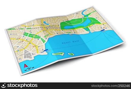 Creative abstract GPS satellite navigation, travel, tourism and location route planning business concept: color city map isolated on white background