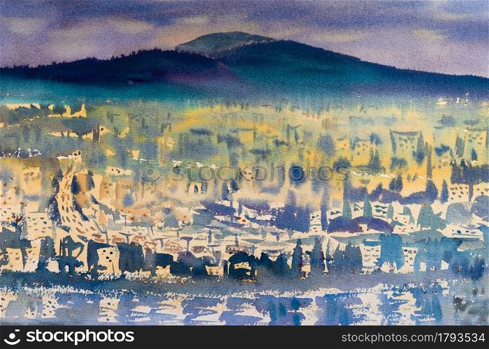 Creative abstract hand painted background, wallpaper, texture, city at night of watercolor painting on paper, brush strokes. Modern art. Purple and yellow with dark moun background. Contemporary art.