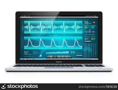 Creative abstract healthcare, medicine and cardiology tool concept  laptop or notebook computer PC with medical cardiologic diagnostic test software on screen isolated on white background