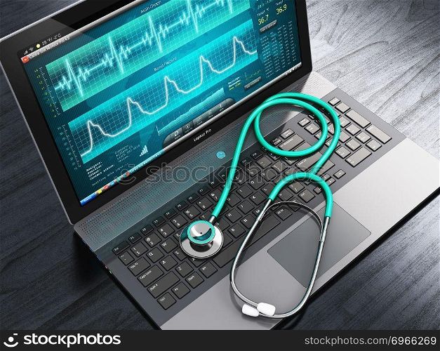 Creative abstract healthcare, medicine and cardiology tool concept: laptop or notebook computer PC with medical cardiologic diagnostic test software on screen and stethoscope on black wooden business office table