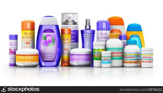 Creative abstract healthcare, medicine pharmacy and cosmetic industry business concept: group of health care medical supplies - plastic bottles and cans with pharmaceutical color pills and colorful tablets and grooming body care products isolated on white background with reflection effect
