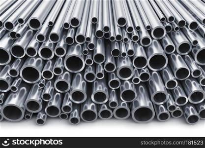 Creative abstract heavy metallurgical industry and industrial manufacturing business production concept: 3D render illustration of the heap of shiny metal steel pipes isolated on white background