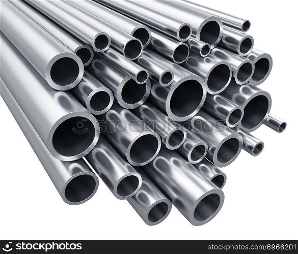 Creative abstract heavy metallurgical industry and industrial manufacturing business production concept: 3D render illustration of the group or heap of shiny metal stainless steel pipes isolated on white background