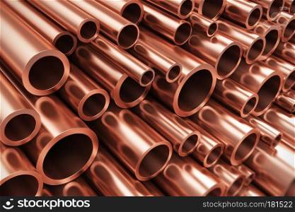 Creative abstract heavy non-ferrous metallurgical industry and industrial manufacturing business production concept: heap of shiny metal copper pipes with selective focus effect