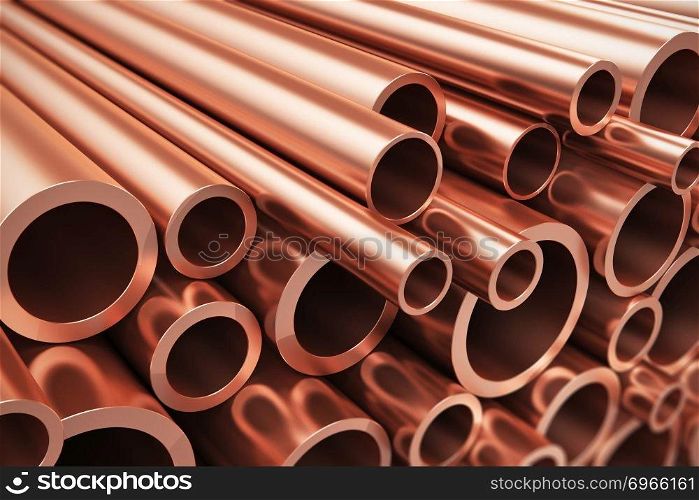Creative abstract heavy non-ferrous metallurgical industry and industrial manufacturing business production concept: heap of shiny metal copper pipes with selective focus effect
