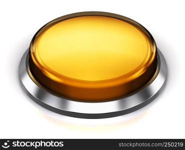 Creative abstract internet web design and online communication business concept: 3D render illustration of the yellow glossy push press button or icon with shiny metal bezel isolated on white background with reflection effect