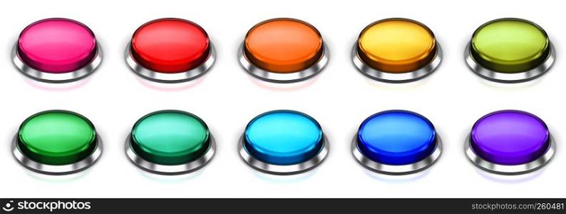 Creative abstract internet web design and online communication business concept: 3D render illustration of the set of color glossy push press buttons or icons with shiny metal bezel isolated on white background with reflection effect