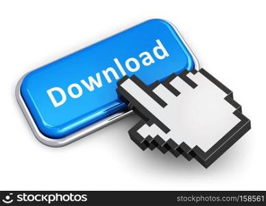 Creative abstract internet web downloading, cloud computing and online media services concept  hand link selection computer mouse cursor pressing blue metal glossy button with Download text isolated on white background