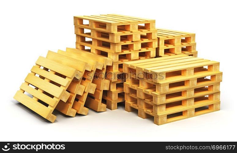 Creative abstract logistics, cargo transportation and freight shipment business commercial industry concept: stacks of wooden shipping pallets isolated on white background