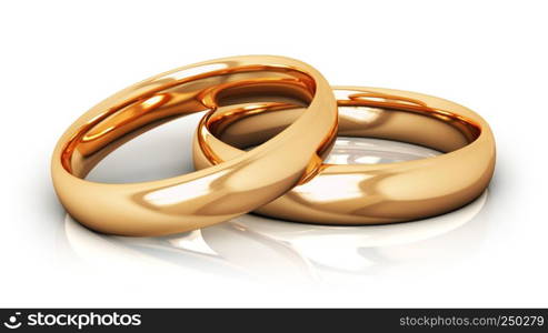 Creative abstract love, engagement, proposal and matrimony concept: macro view of pair of shiny golden wedding rings isolated on white background with reflection effect