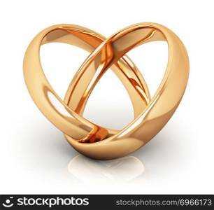Creative abstract love, engagement, proposal and matrimony concept: macro view of pair of shiny golden wedding rings connected into heart shape isolated on white background with reflection effect
