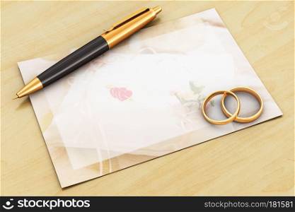 Creative abstract marriage ceremony celebration and love concept: two shiny golden wedding rings, gold ballpoint pen and empty blank white greeting invitation card on wooden table
