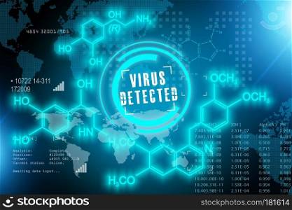 Creative abstract medical analysis and diagnosis concept: 3D render illustration of virus detected text on dark blue background with medical research data
