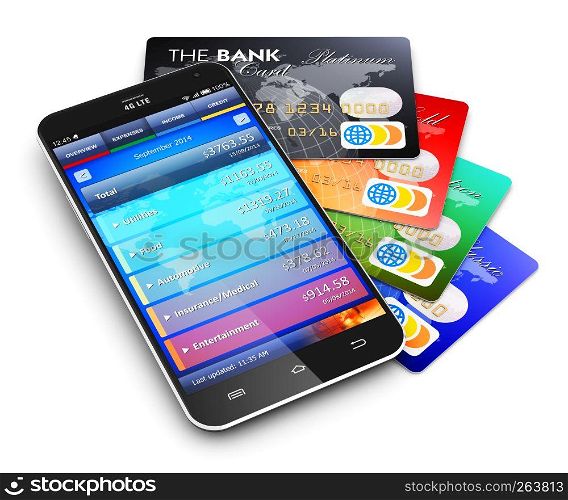 Creative abstract mobile banking, business finance and making money commercial technology concept: modern metal black glossy touchscreen smartphone with personal wallet application and group of color credit cards isolated on white background with reflection effect