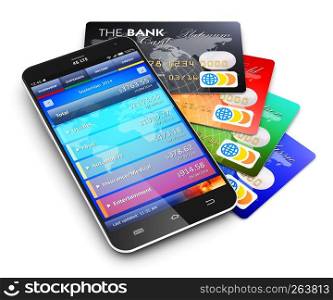 Creative abstract mobile banking, business finance and making money commercial technology concept: modern metal black glossy touchscreen smartphone with personal wallet application and group of color credit cards isolated on white background with reflection effect