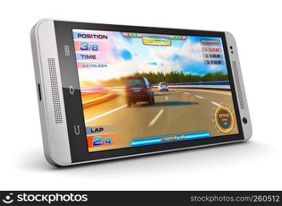 Creative abstract mobile gaming and computer entertainment technology concept: modern black glossy touchscreen smartphone with video game isolated on white background
