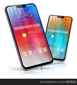 Creative abstract mobile phone wireless communication technology and mobility business office concept: 3D render illustration of modern metal black glossy touchscreen smartphonew with colorful application interface with color icons and buttons isolated on white background with reflection effect