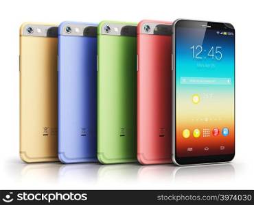 Creative abstract mobile phone wireless communication technology and mobility business office concept: 3D render illustration of the group of modern metal black glossy touchscreen smartphones with colorful application interface with color icons and buttons isolated on white background with reflection effect